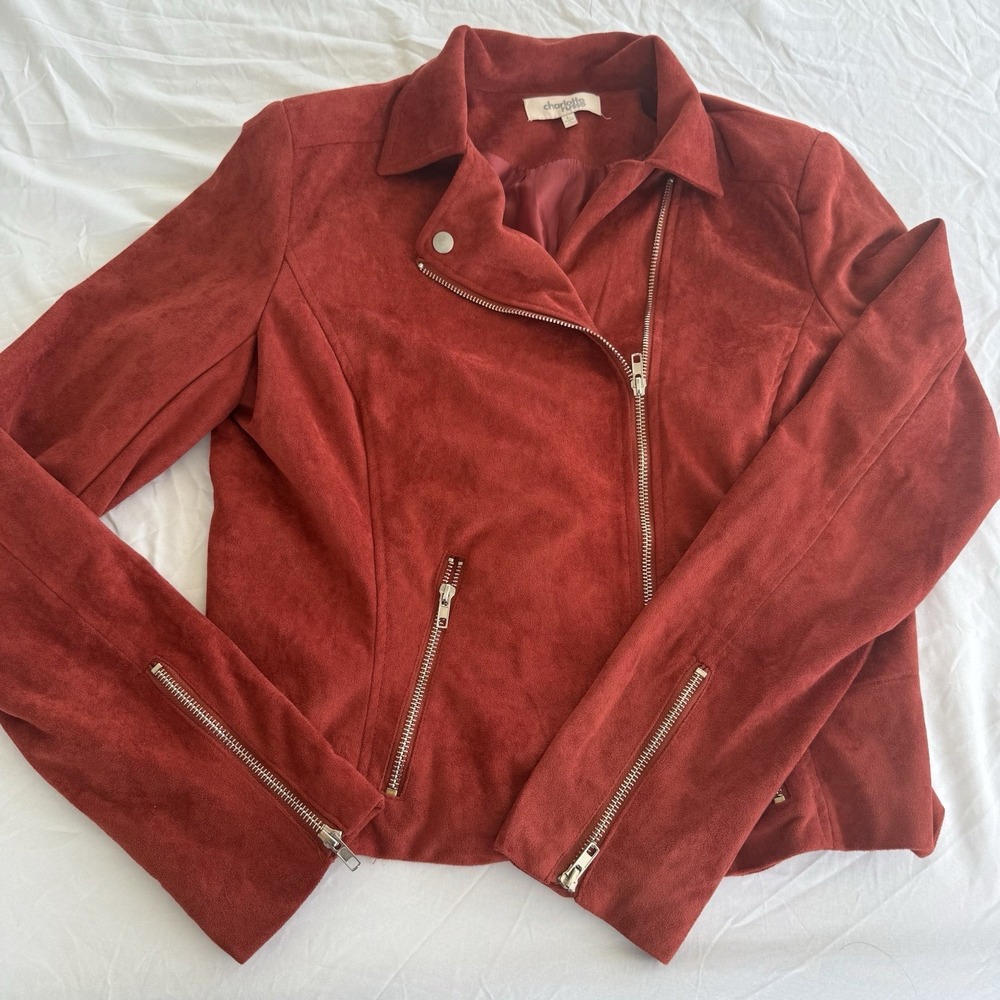 EUC Charlotte Russe Faux‎ Suede Rust Red Moto Silver Zippers Jacket Size Large